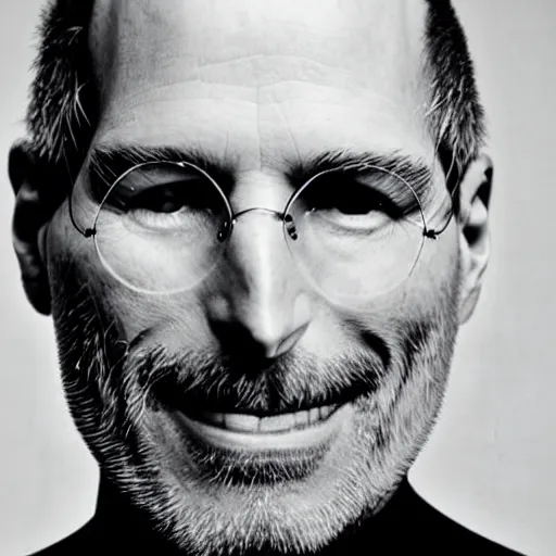 Image similar to studio portrait photography of steve jobs with a smile, he's happy and healthy, highly detailed