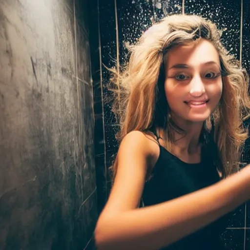 Prompt: beautiful girl takes a selfie in the toilet of a nightclub