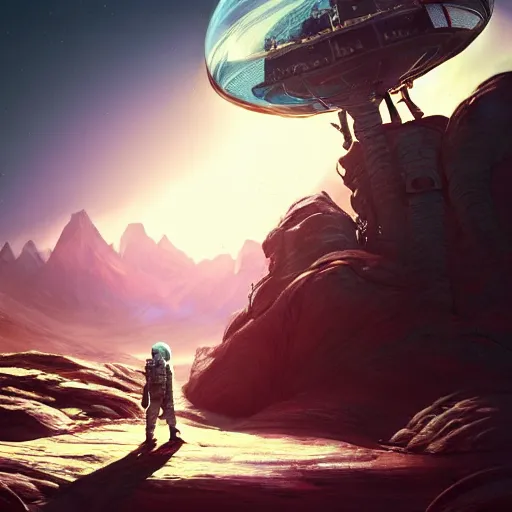 Image similar to An astronaut walking on an alien planet with aliens plants, looking at an alien breathtaking landscape, cinematic lighting, concept art, artstation