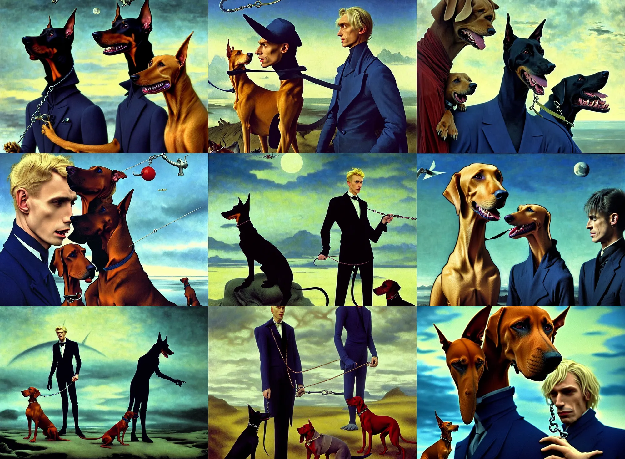 Prompt: realistic detailed portrait movie shot of an elegant blond male vampire with a doberman on a leash, sci fi landscape background by denis villeneuve, amano, yves tanguy, alphonse mucha, max ernst, caravaggio, roger dean, masterpiece, rich cold moody colours, dog teeth, blue eyes