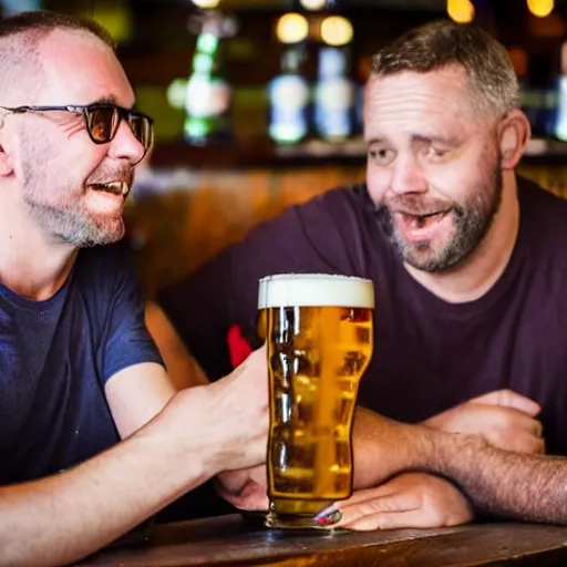 Prompt: 2 men drinking pints of beer in the pub photograph award winning