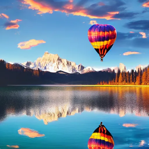 Image similar to photo of two black swans touching heads in a beautiful reflective mountain lake, a colorful hot air balloon is flying above reflecting off water, hot air balloon, intricate, 8k highly professionally detailed, centered, HDR, CGsociety