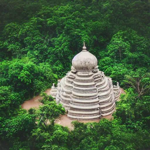 Image similar to aerial realistic film photograph of india tribe in jungle with strange temple