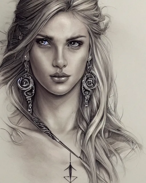 Prompt: tattoo sketch of beautiful greek goddess aphrodite with arrow earrings, beautiful piercing eyes, flowing blonde hair, realistic face, hyper realistic, in the style of greg rutkowski, fantasy, amazing detail, epic, intricate, elegant, smooth, sharp focus