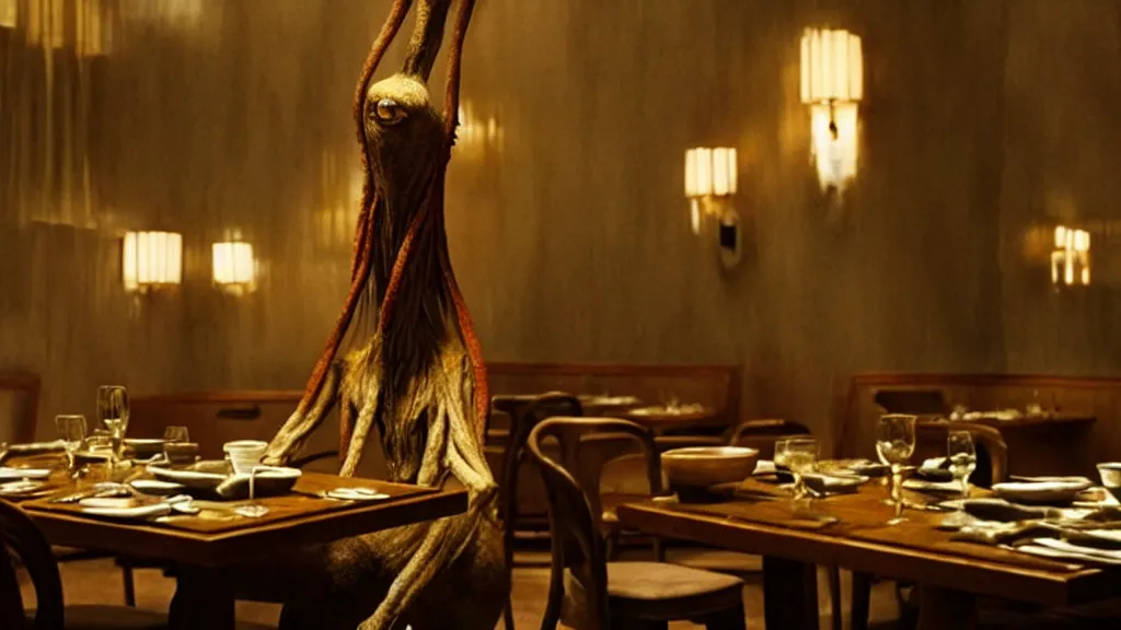 Prompt: the tall strange creature in the restaurant, film still from the movie directed by Denis Villeneuve with art direction by Salvador Dalí, wide lens