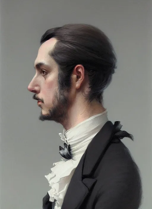 Image similar to 3 / 4 view of a portrait of man in victorian clothing, confident pose, intricate, elegant, sharp focus, illustration, highly detailed, concept art, matte, trending on artstation, anime, art by james jean and artgerm and brian despain and alberto mielgo, greg rutkowski, wlop, ilya kuvshinov, strong strokes