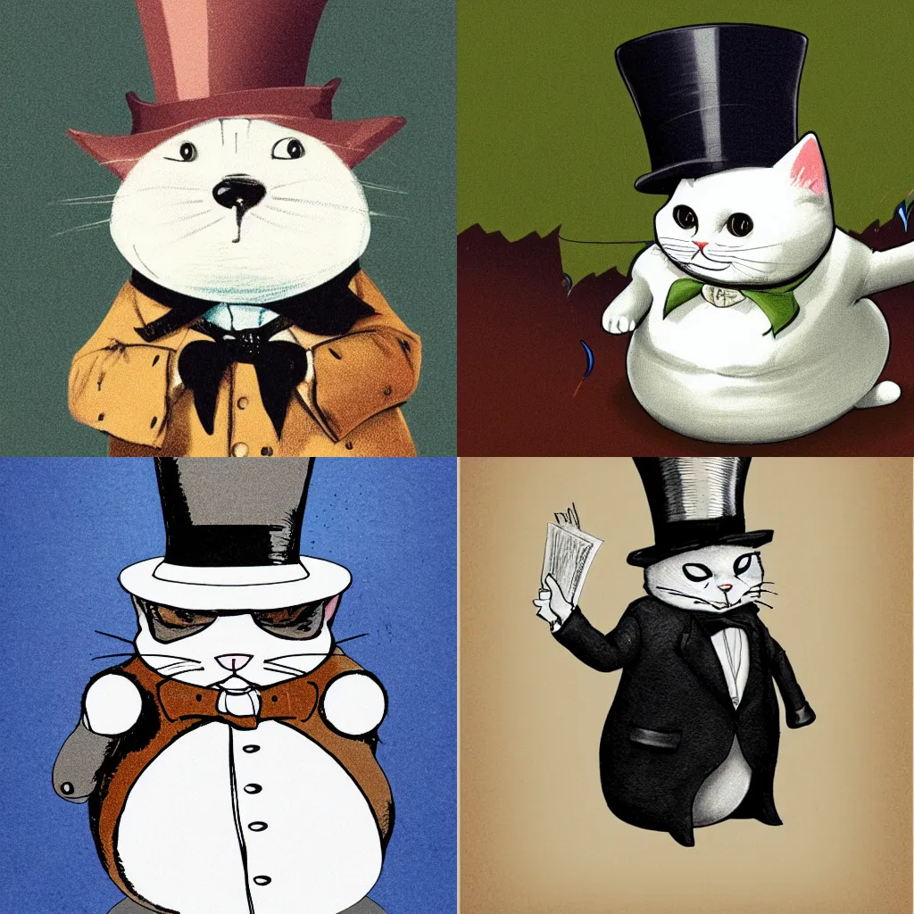 Prompt: fat cat wearing a raincoat and a top hat with a monocle