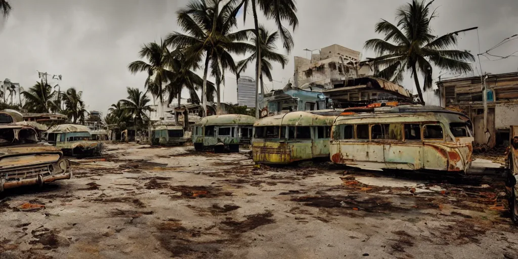 Image similar to wide angle shot of dilapidated fallout 5 miami, tropical coastal city, desolate, dilapidated, some rusted retro futuristic vintage parked vehicles like cars, buses, trucks, trams, slight overcast weather, fog, volumetric lighting, photorealistic, daytime, autumn, sharp focus, ultra detailed,