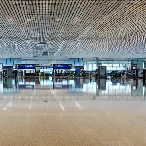 Prompt: photo of an airport interior, the floor is flooded with one meter deep water. eerie, volumetric lighting. highly - detailed 4 k