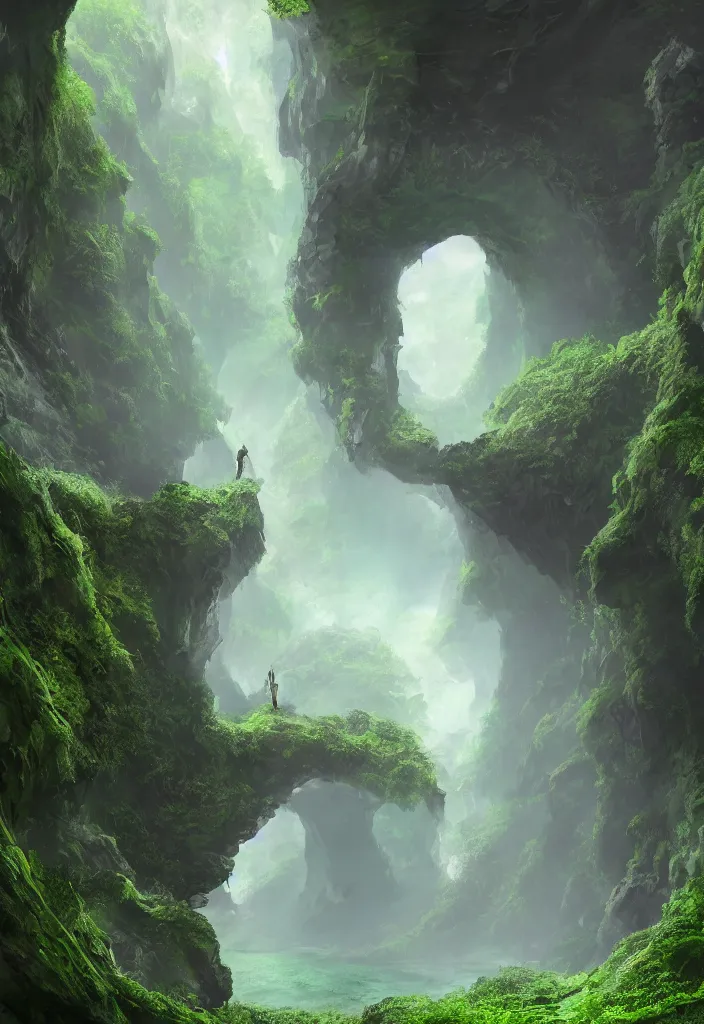 Image similar to concept art, an explorer lookup up at a giant arched doorway made of green marble, deep underground waterfalls, beautiful matte painting, ultra detailed, 8 k render