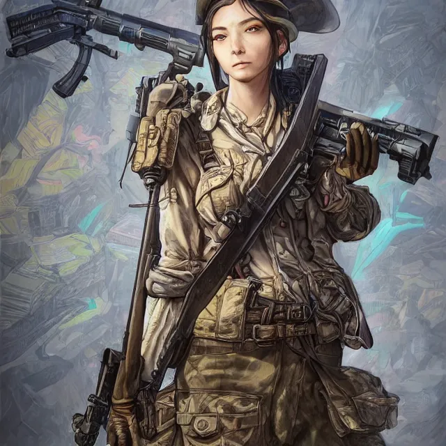 Image similar to the portrait of lawful neutral semi - colorful female infantry sniper as absurdly beautiful, gorgeous, elegant, young woman looking up, an ultrafine hyperdetailed illustration by kim jung gi, irakli nadar, intricate linework, bright colors, octopath traveler, final fantasy, unreal engine 5 highly rendered, global illumination, radiant light, detailed and intricate environment