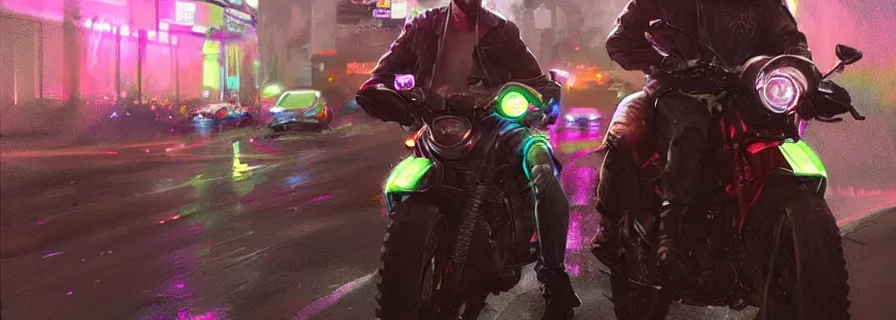 Prompt: a squad riding to party in car, rain, harsh neon lights, highly detailed, digital painting, trending on artstation, concept art, sharp focus, illustration, art by artgerm and greg rutkowski and magali villeneuve