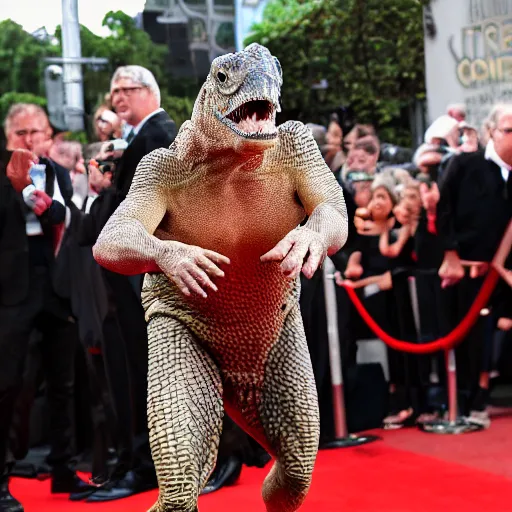 Prompt: Reptilian hollywood actor walking the red carpet, full body, 8k, Canon