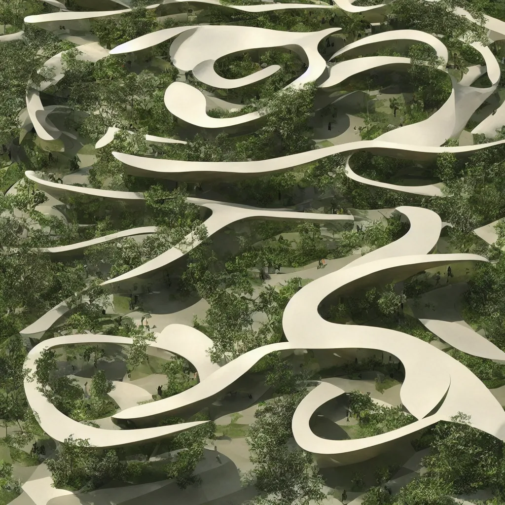 Image similar to “ an incredibly smooth curvilinear architectural spatial immersive sculpture, unfolding continuous golden surfaces enclose a visually complex garden designed by zaha hadid, architecture render ”