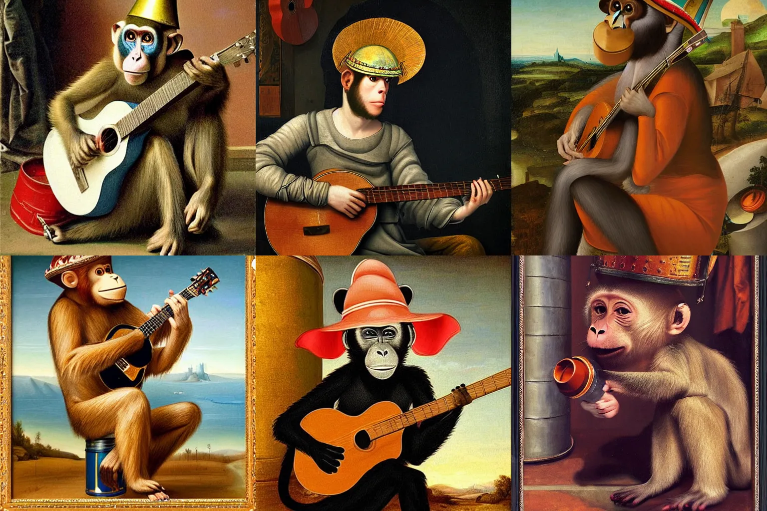 Prompt: monkey playing guitar while wearing a tin can on the head as hat, photorealistic ultra detailed 4k renaissance painting