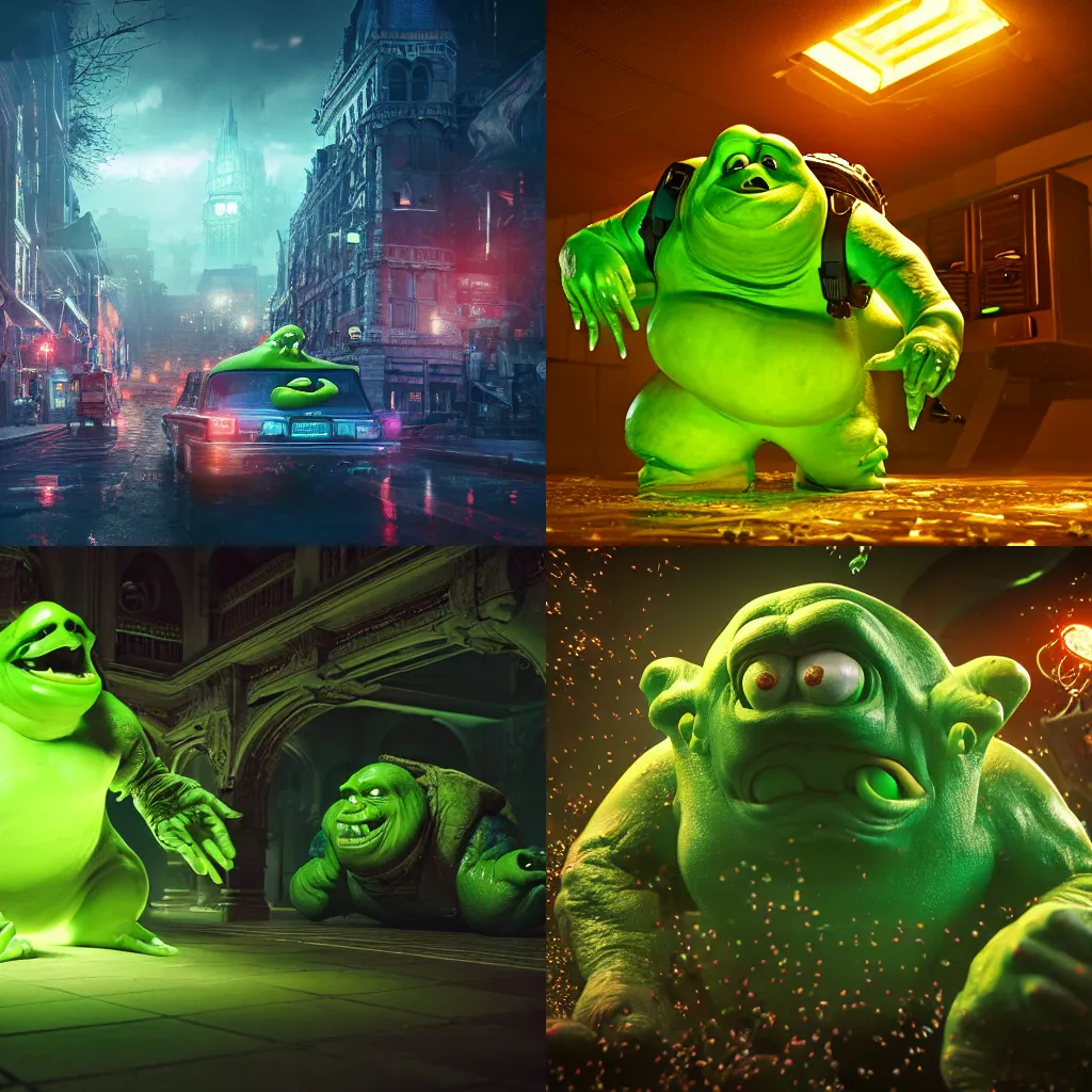 Prompt: slimer, photorealistic, realistic 4k octane beautifully detailed render, 4k post-processing, highly detailed, intricate complexity, epic composition, magical atmosphere, cinematic lighting, masterpiece, ultra hd