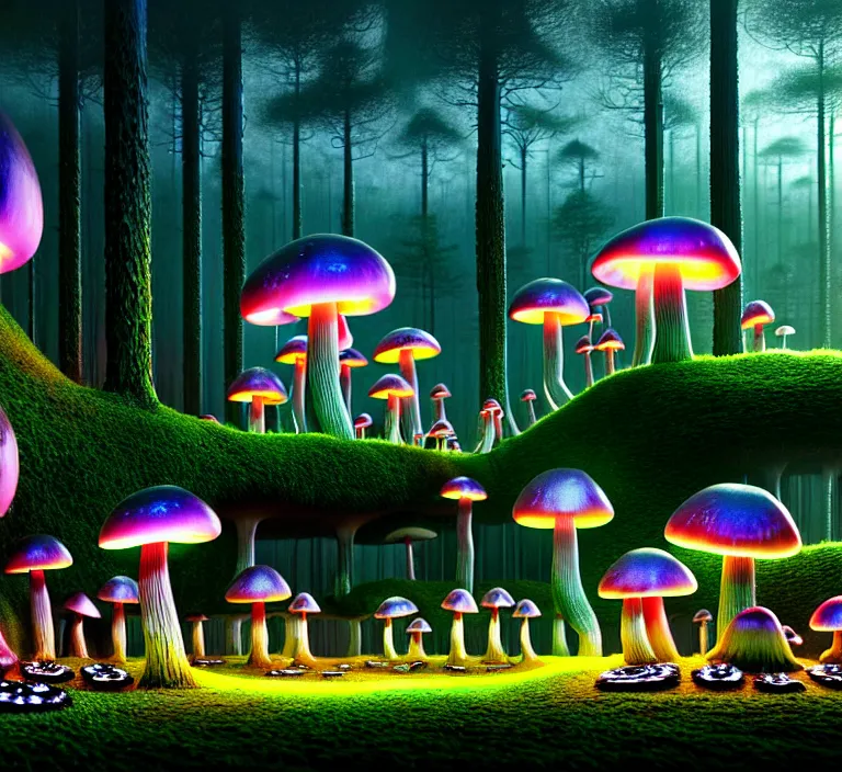 Image similar to hyperrealism photography hyperrealism concept art of highly detailed glowing with a different species of mushrooms and fungi, rainbow of colors in forest at night highly detailed futuristic ( fantasycore ) city by wes anderson and hasui kawase and scott listfield sci - fi style hyperrealism rendered in blender and octane render volumetric natural light