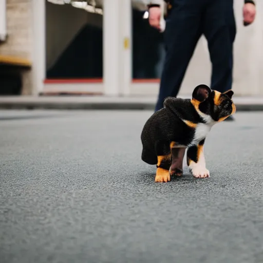 Image similar to a cute puppy wearing a policeman uniform, Canon EOS R3, f/1.4, ISO 200, 1/160s, 8K, RAW, unedited, symmetrical balance, in-frame