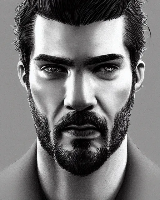 Image similar to portrait of tall, 3 3 - year - old handsome man with long dirty black hair, and ice grey eyes, wearing black clothes, no beard, hyper realistic face, beautiful grey eyes, character art, art by mark brooks, hyperdetailed, cryengine, trending on artstation, digital art