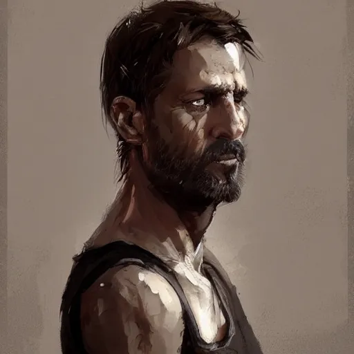 Image similar to Portrait of a man by Greg Rutkowski, he is about 40 years old, southern slav features, messy brown short hair, strong and tall, tired expression, he is wearing a black tank top, highly detailed portrait, scifi, digital painting, artstation, concept art, smooth, sharp foccus ilustration, Artstation HQ.