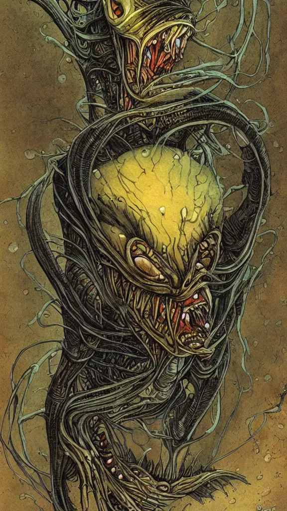 Prompt: alien creature, by asaf hanuka, by karol bak, by tony diterlizzi, colored pencil, fine art, a scary creature coming out of his mouth, saliva dripping, dark fantasy