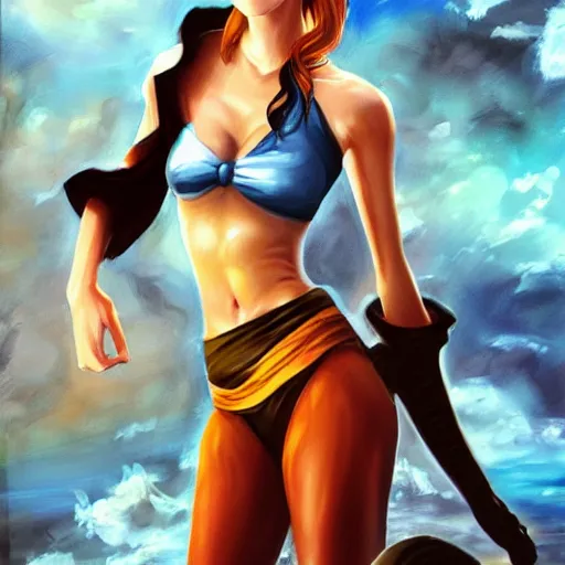 Image similar to beautiful emma watson cosplay as nami from one piece, oil painting, full body.