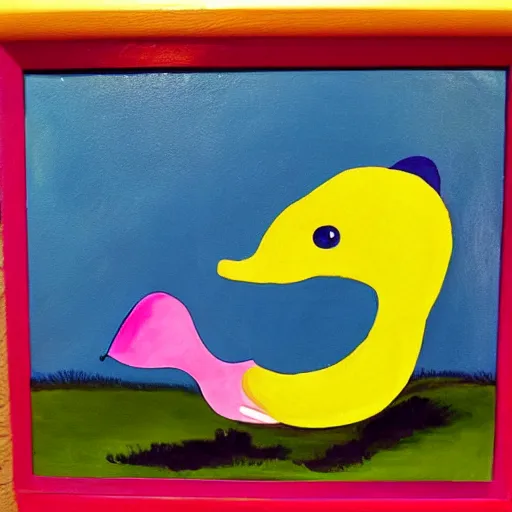 Image similar to the painting is a yellow duck with a pink beak and a blue head.