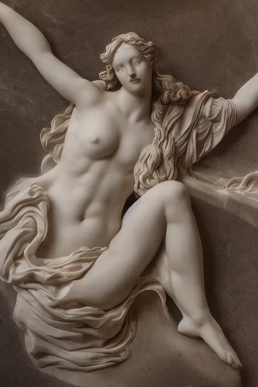 Image similar to Marble Sculpture of Aphrodite lying on a silk cloth, fog, volumetric lighting, inspired by The Birth of Venus by Sandro Botticelli, trending on artstation.