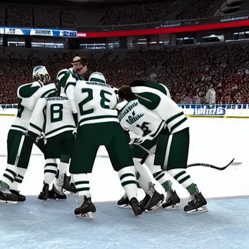 Prompt: Michigan state ice hockey wins national championship in NHL 22 video game, team picture, rendered in unreal engine