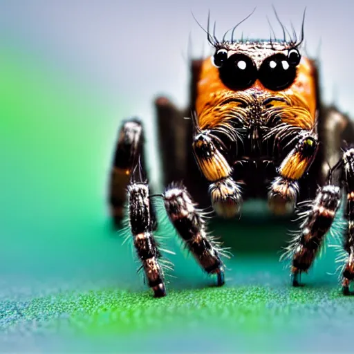 Image similar to a jumping spider using computer small keyboard, by pixar, macro lens, iridescent, montage