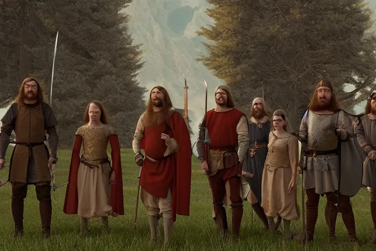 Image similar to A group of medieval high fantasy adventurers lined up for a portrait, Screenshot of Wes Anderson's New RPG Movie, Photo realistic, Regal, Formal, Symmetrical, Satisfying, Dynamic lighting, Highly Detailed, Cinematic Lighting, 8k, HD