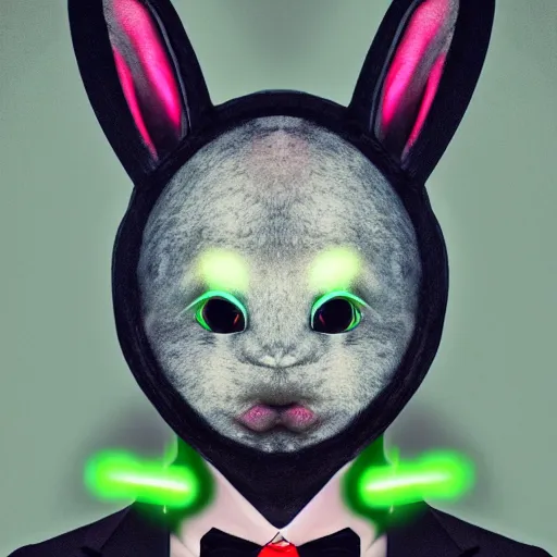 Image similar to a detailed portrait of a creepy bunny wearing an anonymous mask dressed in a suit having neon eyes, epic, cinematic, very detailed, creepy, horror, dreamscape, hdr, dark, shadows