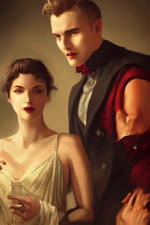 Prompt: a portrait of handsome young evil male Satan and his elegant beautiful wife, bored, illustration, dramatic lighting, soft details, painting oil on canvas, art deco, octane render, HDR, 4k, 8k, HD, by Edmund Blair Leighton, Brom, Charlie Bowater, trending on artstation, faces by Tom Bagshaw, Sargent