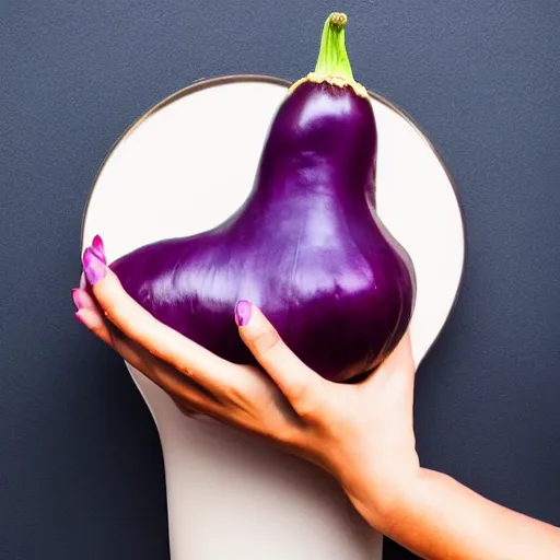 Prompt: a woman holding an eggplant emoji