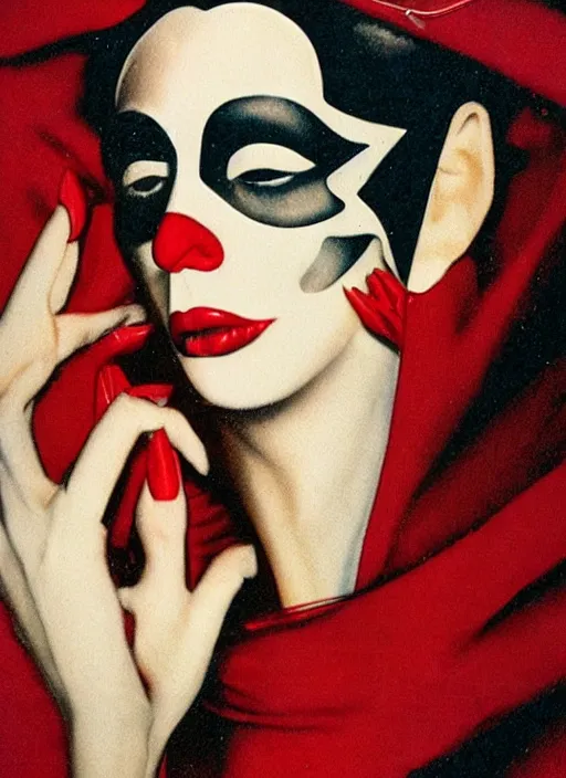 Prompt: an 8 0 s portrait of a woman with dark eye - shadow and red lips with dark slicked back hair, a mask made of wire and beads, dreaming by serge lutens, rolf armstrong, delphin enjolras, peter elson, red cloth background, surreal flat color