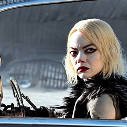 Prompt: emma stone as cruella in mad max fury road