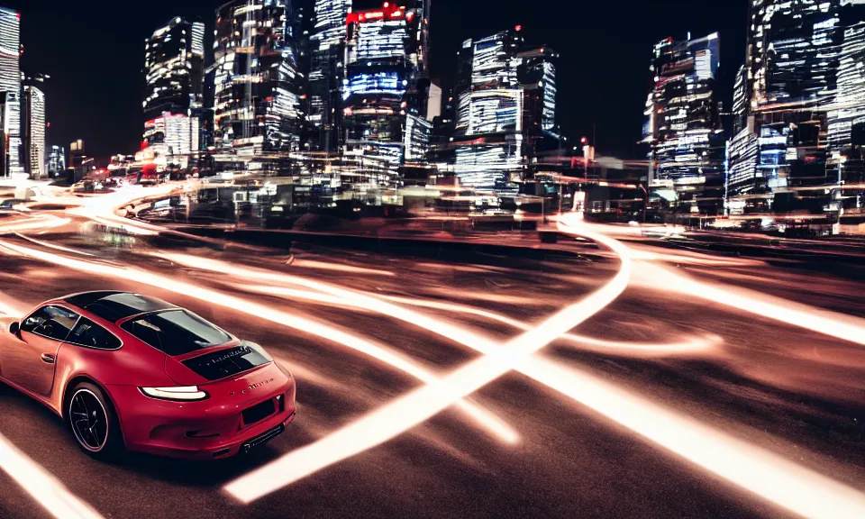 Image similar to photo of a porsche 911 at night drifting through a city, cinematic, 4k, long exposure photography, tokyo drift, fast and furious, film still, night photography, motion blur, lens flare, movie shot, light trail, distortion, wide angle, reflections