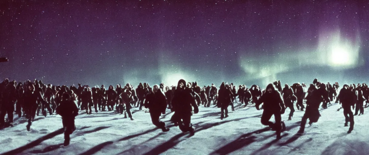 Image similar to filmic extreme wide shot movie still 4 k uhd exterior shot 3 5 mm film color photograph of a crowd of people people running in terror around a village in the antarctic at night with the northern lights lighting up the sky, in the style of the horror film the thing 1 9 8 2