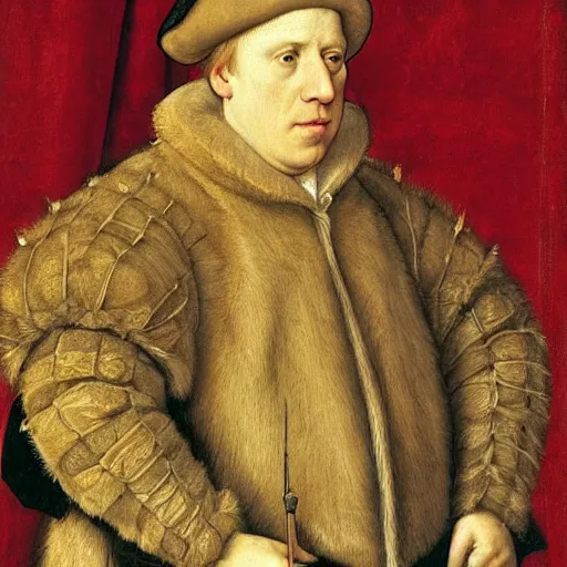 Image similar to A royal portrait of the King of England Boris Johnson, painted by Hans Holbein, British Museum, 16th century art