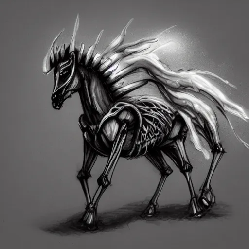 Image similar to very detailed concept art of a skeleton horse with a hooded capped figure riding the skeleton horse