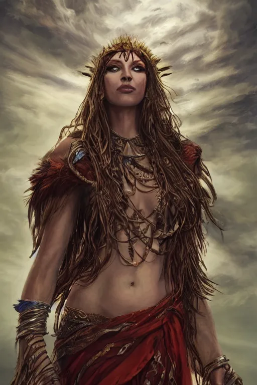 Image similar to portrait, exotic shaman priestess, landscape, alex ross, david finch, concept art, matte painting, highly detailed, rule of thirds, dynamic lighting, cinematic, detailed, denoised, centerd