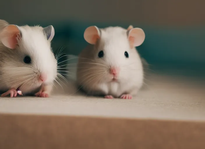 Image similar to photo of a two hamsters laying inside a bed, cinematic color grading, various poses, soft light, faded colors, well framed, sharp focus, 8 k