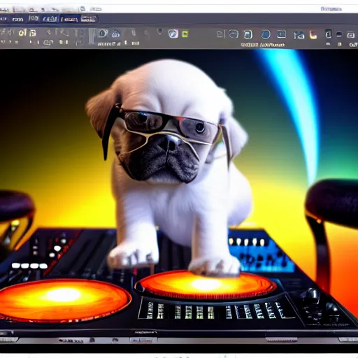 Image similar to puppy as a DJ, 8k, volumetric lighting, hyper realistic