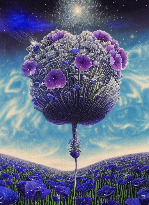 Image similar to detailed, intricate blue black and purple papaverum flower on the field, nebula, galaxy in the sky, winning award masterpiece, fantastically beautiful, illustration, aestheticly inspired, jacek yerka, upscale with anguissola sofonisba work, artstation, 8 k