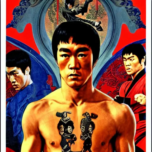 Prompt: Enter The Dragon movie poster by Norman Rockwell, Art Nouveau, European palette, with Bruce Lee,, in the background border 8 x super models with tattoo, in fighter poses, 4K, super detailed