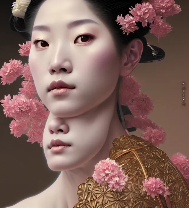 Image similar to baroque portrait of a geisha woman of porceline skin half emerged from river made of thousand of flowers, cinematic lighting, photorealistic, octane render, 8 k, depth of field, art by artgerm and greg rutkowski and alphonse mucha and uang guangjian