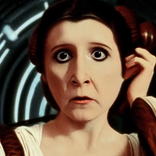 Prompt: a film still of princess leia scared, artwork by caravaggio