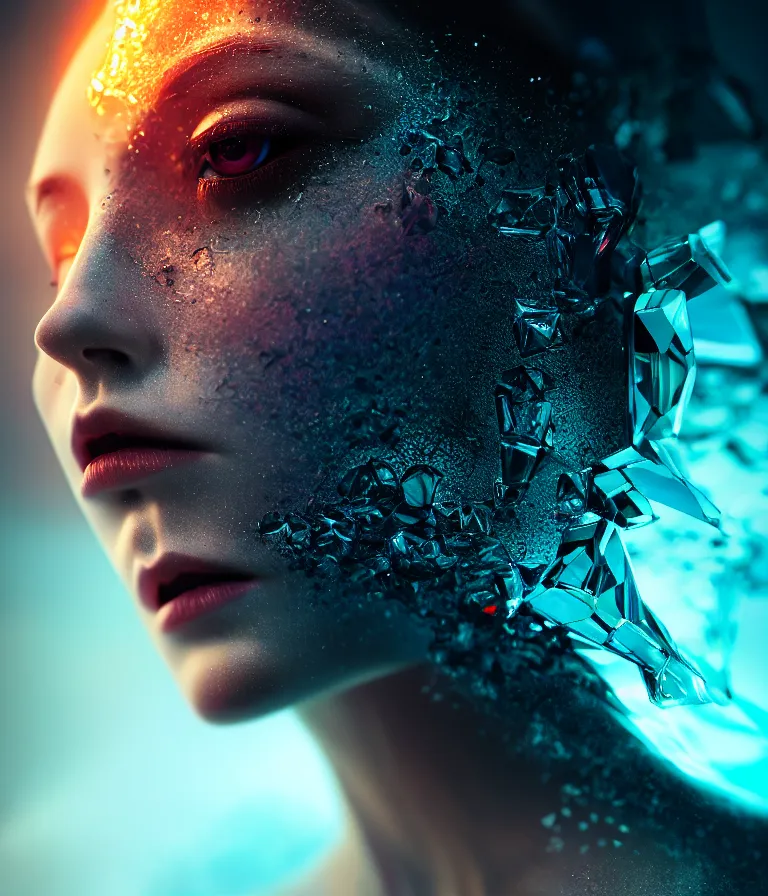 Image similar to impressive ominous cinematic fine portrait photo of a angle rigid shattered crystal volumetric dynamic fluid simulation lighting impressive masterpiece hyper ultra detailed intricate sharp focus 8 k realistic illustration canon eos r 3 fujifilm x - t 3 0 sony alpha, by james gurney tooth wu artgerm colorful, trending on artstation, cgsociety, octane render nvidia raytracing demo