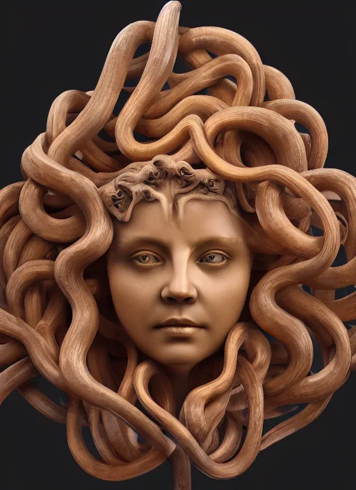 Image similar to carved translucent wax sculpture of medusa, wooden art nouveau swirls, strong subsurface scattering, tubes, gold elements, subsurface scattering, in the style of ruan jia and beeple and giger, subsurface scattering, mystical colors, back light, rim light, dramatic lighting, 8 k, stunning scene, raytracing, octane render, trending on artstation