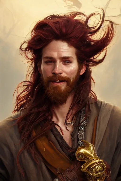 Image similar to portrait of a young ruggedly handsome but joyful pirate, male, masculine, full body, red hair, waist long hair, d & d, gold earring, fantasy, intricate, elegant, highly detailed, digital painting, artstation, concept art, matte, sharp focus, illustration, art by artgerm and greg rutkowski and alphonse mucha